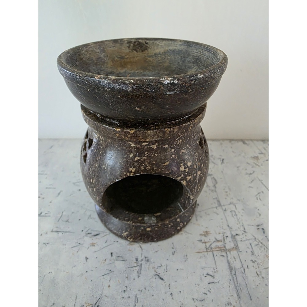 Jodhpuri Collections Handcrafted Brown Speckle Soapstone Flower Oil Burner India